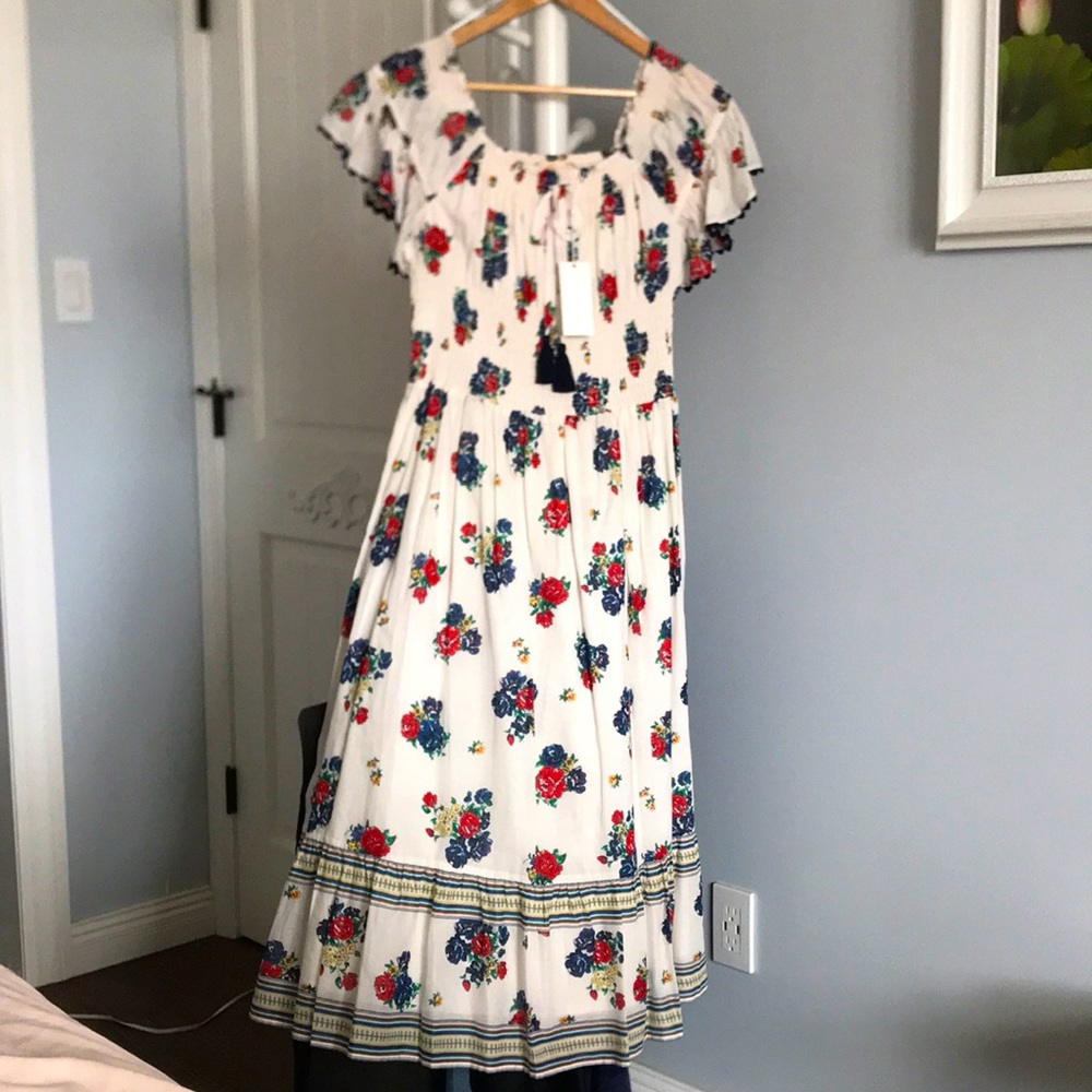 Tory Burch printed smocked dress ivory tea rose